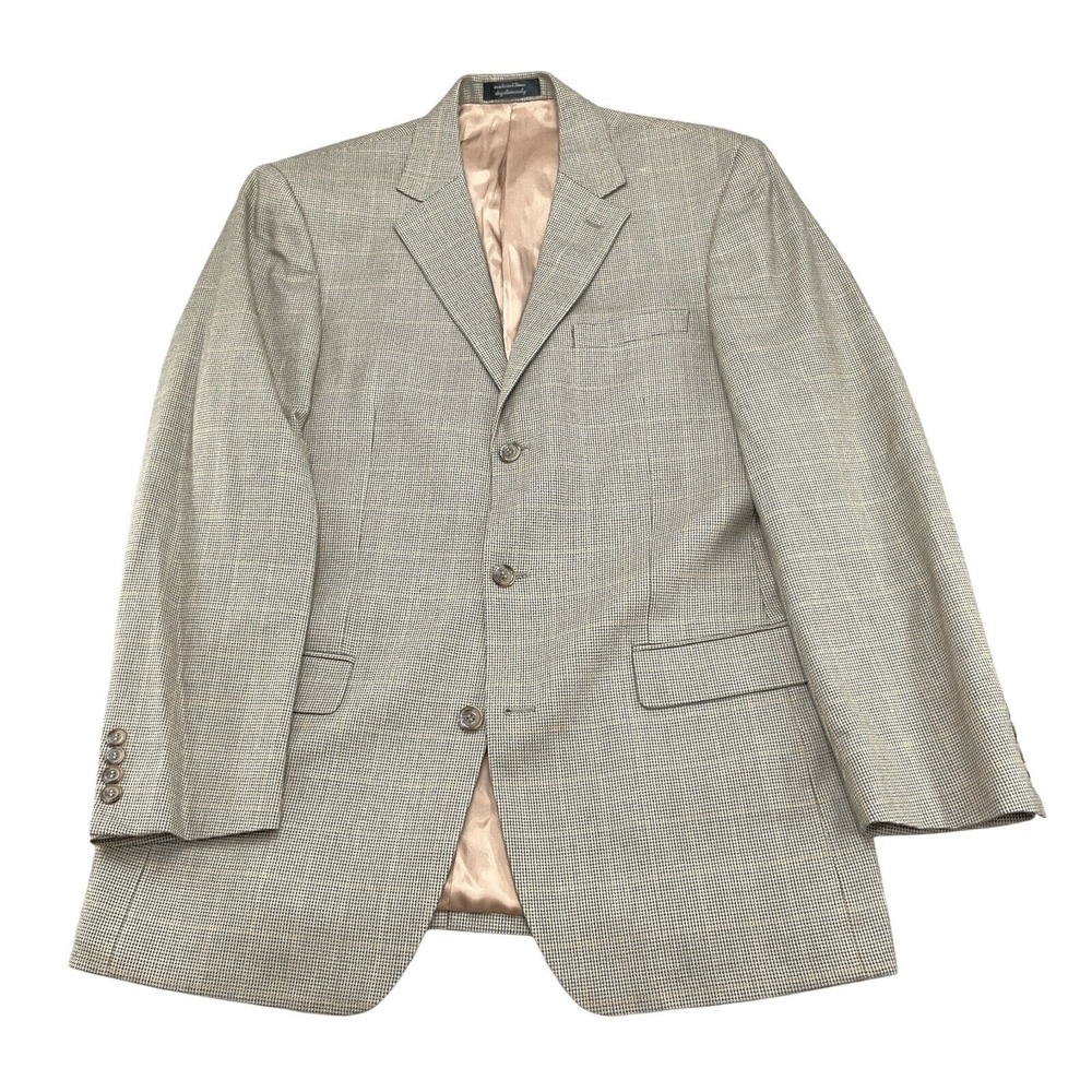 Andrew Fezza Blazer Men 41 Long Tan Gray Glen Plaid Gold Silk Wool Classic